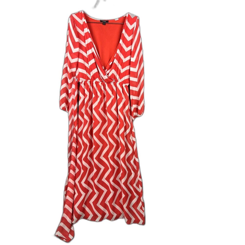 Expresso Red White Chevron Maxi Dress Casual Chic Flowy Comfort SZ L:Pre-Owned